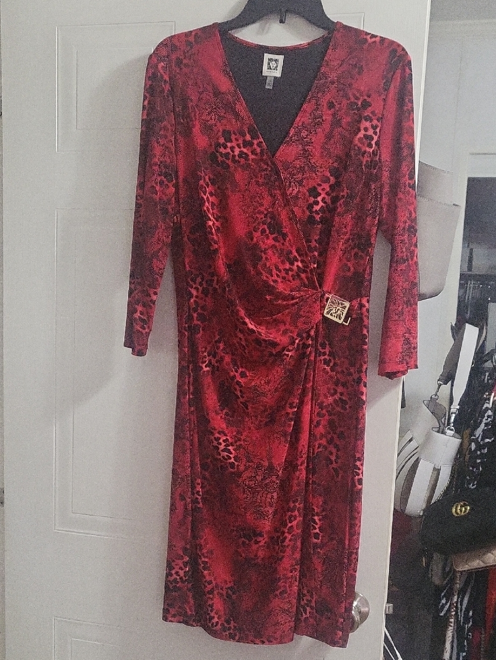 Anne Klein Red and Black Animal-Print Wrap Dress"NEW"